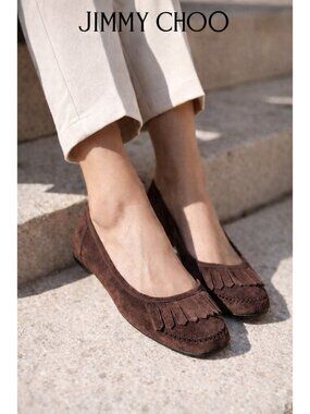 Jimmy Choo Brown Suede Ballet Flats 38.5 EU Fringe Moccasin Slip On Italy